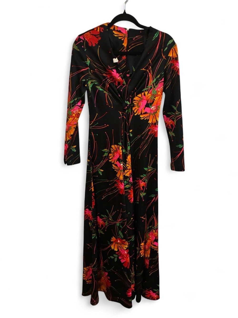 Vintage Black Floral Long Sleeve Maxi Dress with Pink & Orange Blooms